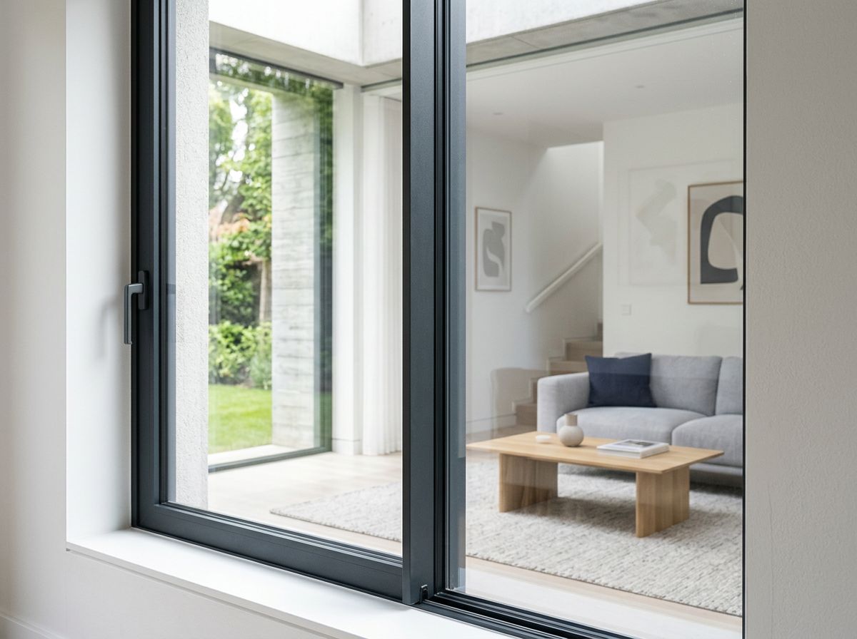 Detail eines schlanken Aluminiumfensters mit Wärmeschutzverglasung und Blick in den Garten