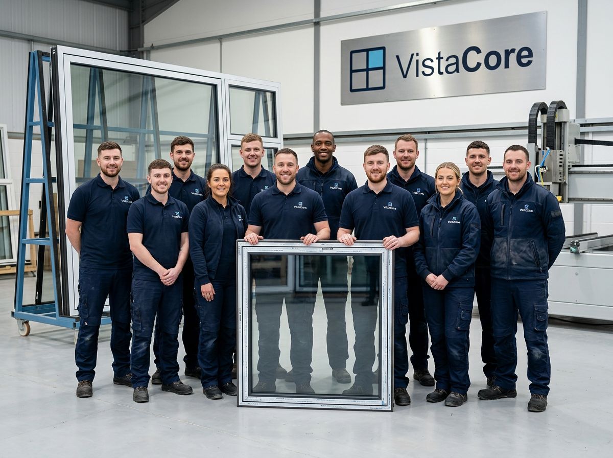 Das VistaCore-Team in der Werkstatt vor einem fertigen Fensterelement